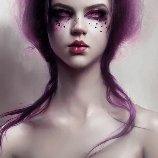 Image similar to a beautiful portrait of kerli koiv with bubble goth makeup, a detailed painting by greg rutkowski and raymond swanland, featured on cgsociety, fantasy art, detailed painting, artstation hd, photorealistic