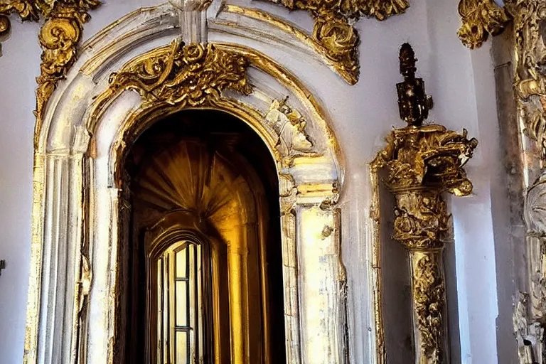 Image similar to a portal to new universe inside of an ornate door frame :: wide angle :: golden light :: rainbows :: vortex