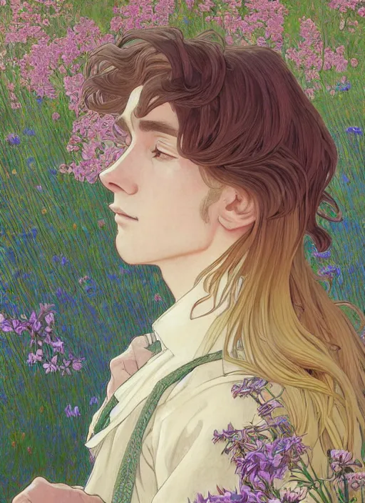 Image similar to book cover, pretty young man with shoulder length blond hair, male, half body shot, flower pattern background, path traced, highly detailed, high quality, digital painting, by studio ghibli and alphonse mucha, leesha hannigan, hidari, art nouveau, chiho aoshima, jules bastien - lepage