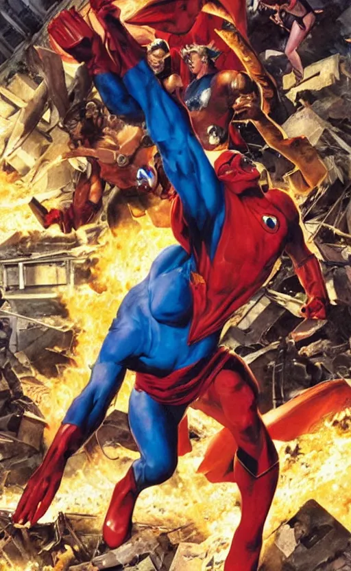 Prompt: defeated super hero in the rubble of a building by alex ross and boris vallejo