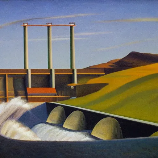 Image similar to hydroelectric dam, turbines, spillway, fish ladder, grant wood, pj crook, edward hopper, oil on canvas