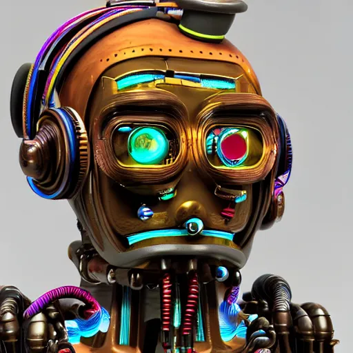 Image similar to a detailed claymodel of a dieselpunk rococo robot head wearing multicolored wires and headphone, 8 k, front view, symetrical, flourescent colors, halluzinogenic, multicolored, exaggerated detailed, front shot, 3 d render, octane