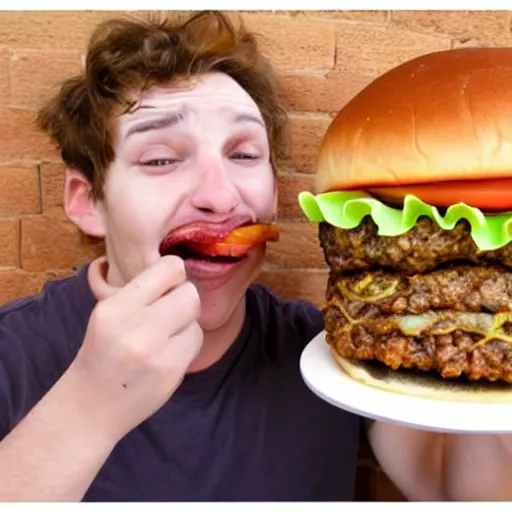 Image similar to a person eating a very very big hamburger that don't even fit in his mouth