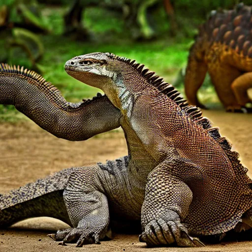 Prompt: a Komodo-Dragon with the armor of a pangolin, national geographic photograph