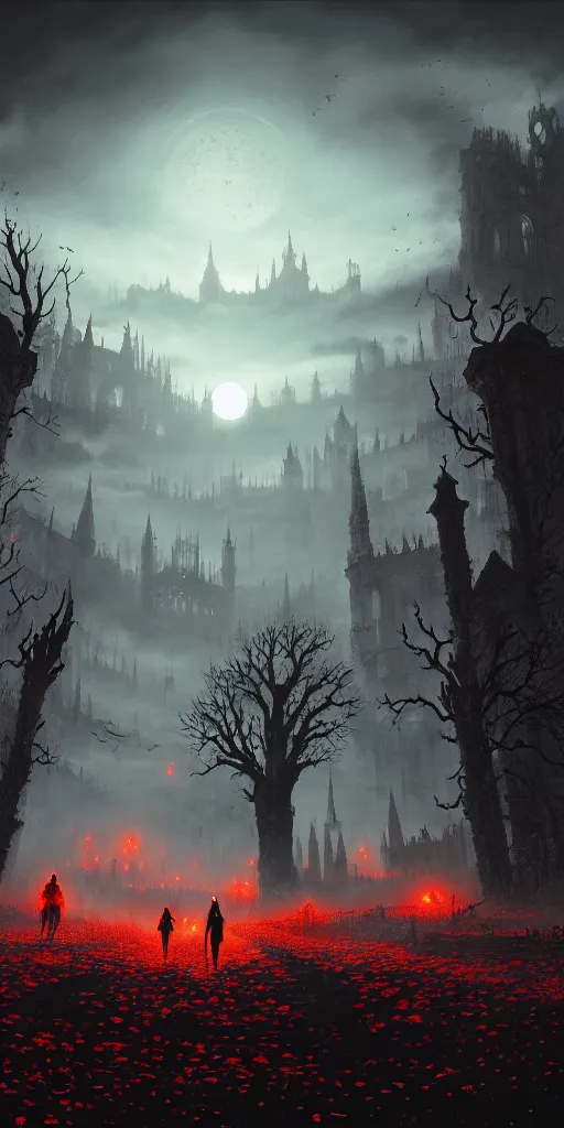 Image similar to soulless bloodborne old valley with a obscure person at the centre and a ruined gothic city in the background, trees and stars in the background, falling red petals, epic red - orange moonlight, perfect lightning, wallpaper illustration by niko delort and kentaro miura, 4 k, ultra realistic