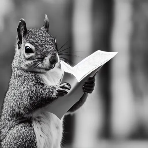 Prompt: photography of a squirrel detective wearing an old grey suit furiously flipping through papers, black and white