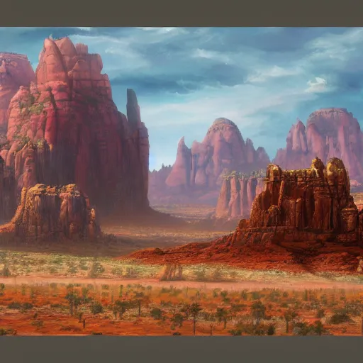 Image similar to a matte painting of the sci - fi wild west sedona, oil painting, pale colors, high detail, 8 k, wide angle, trending on artstation,