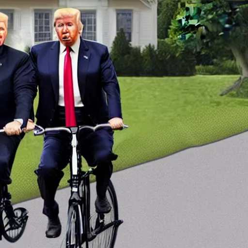 Image similar to realistic render of vladimir putin and donald trump riding a tandem bike