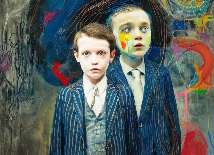 Image similar to portrait of a child wearing a suit, vincent lefevre and hernan bas and pat steir and hilma af klint, psychological, photorealistic, dripping paint, washy brush, rendered in octane, altermodern, masterpiece