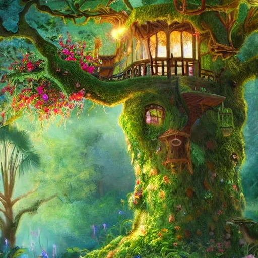 Prompt: fancy treehouse in the enchanted forest detailed magical realism painting 4K trending on artstation with colorful tropical flowers growing in the trees