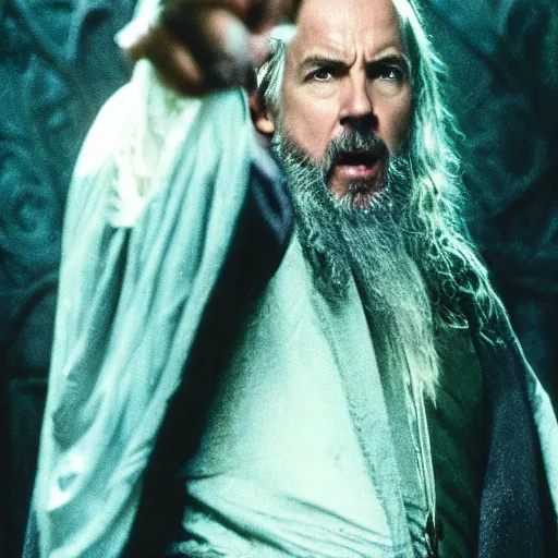 Prompt: Kevin Costner as Dumbledore in Harry Potter Film Series, Warner Brothers, Film Still, 35mm dramatic lighting, cinematic, deep focus, styleframe,