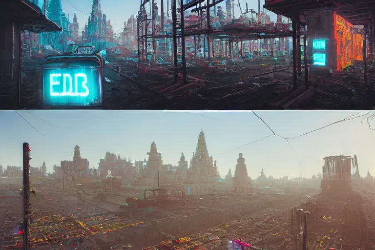 Prompt: hyperrealistic matte painting of aztec temples in a cyberpunk future environment with mechanical features and neon, graffiti, scaffolding, smog, destruction by filip hodas, beeple, 4 k, trending on cgsociety