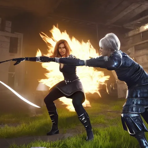 Image similar to Ultra HD Mortal Combat 9 screenshot of first Minister Nicola Sturgeon fighting for Scotland against conservative Mp Liz Truss in battle rendered in unreal engine, trending on art station, masterpiece