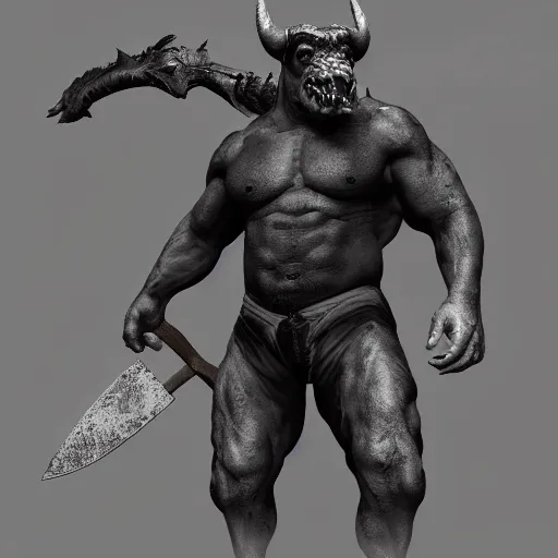 Prompt: Bull zoomorph creature carrying a big two-handed axe, dark atmosphere, angry look, gta 5 cover style, highly detailed, digital painting, Trending on artstation , HD quality, by Juanjo Guarnido, dramatic light, octane