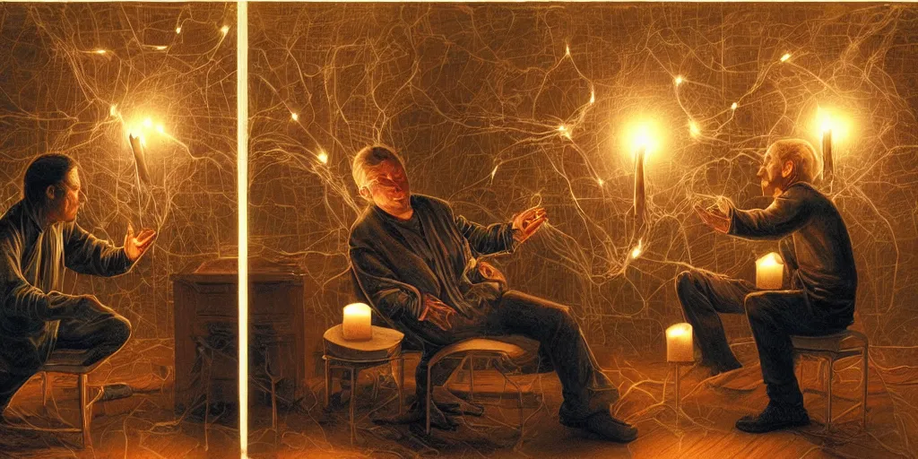 Prompt: two men arguing about neural networks in small room lighted by candles. highly detailed art by trevor brown