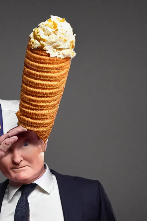 Image similar to 📷 conan o'brien the ice - cream cone 🍦, made of food, still image, dynamic lighting, 4 k