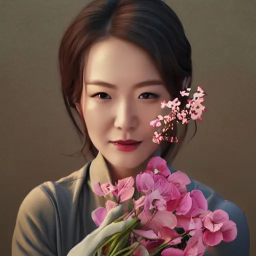 Image similar to portrait of hong jin - young, 홍진영, smiling with flowers in hands. sharp focus, cinematic pose, cinematic lighting, unreal engine render. art by josan gonzales and moebius and deathburger.