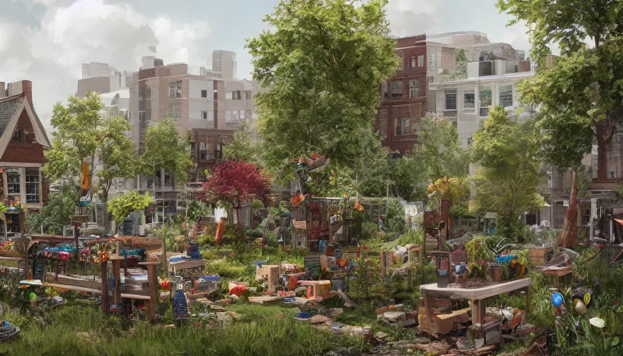 Image similar to survivors working in a craft garden built in washington dc's square, cloudy day, hyperdetailed, artstation, cgsociety, 8 k