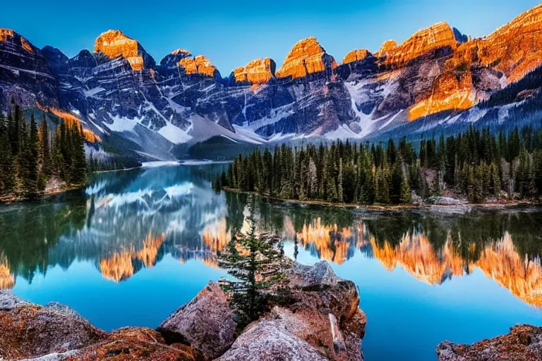 Prompt: beautiful landscape photography of the Rocky Mountains with a crystal blue lake, serene, dramatic lighting.