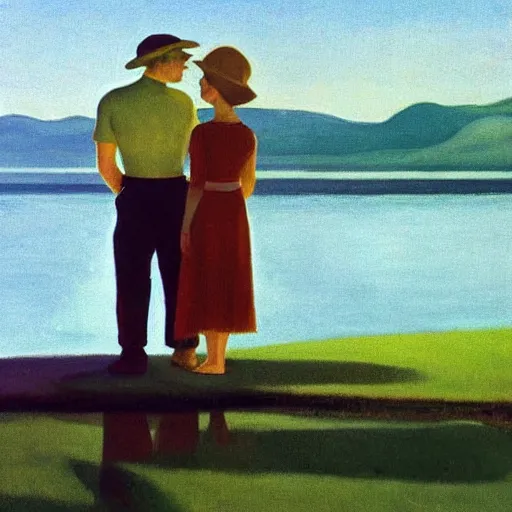 Image similar to A beautiful land art of a man and a woman are standing on a dock, looking out at a body of water. The woman has her hand on the man's shoulder, and they appear to be deep in conversation. The colors in the land art are muted, and the scene has a calming feeling. by Edward Hopper subtle