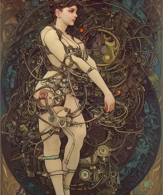 Prompt: realistic detailed portrait of a humanoid mecha cyberpunk! goddess by Alphonse Mucha and Charlie Bowater and art germ, rule of thirds, golden ratio, Art Nouveau! cyberpunk! style, mechanical accents!, mecha plate armor, flowing wires with leaves, art nouveau accents, art nouveau patterns and geometry, rich deep moody colors, portrait style with the subject in the middle of the frame