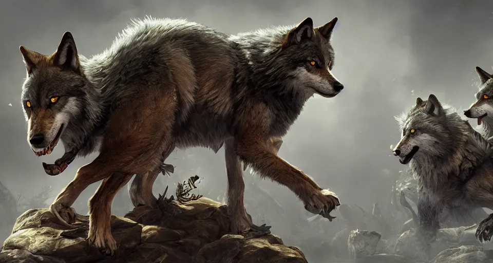 Image similar to wolves and their treasures. fantasy style, - ultra realistic, octane render, unreal engine 5, raytracing, 8 k highly detailed, trending on artstation, illustration, - digital painting, highly detailed render