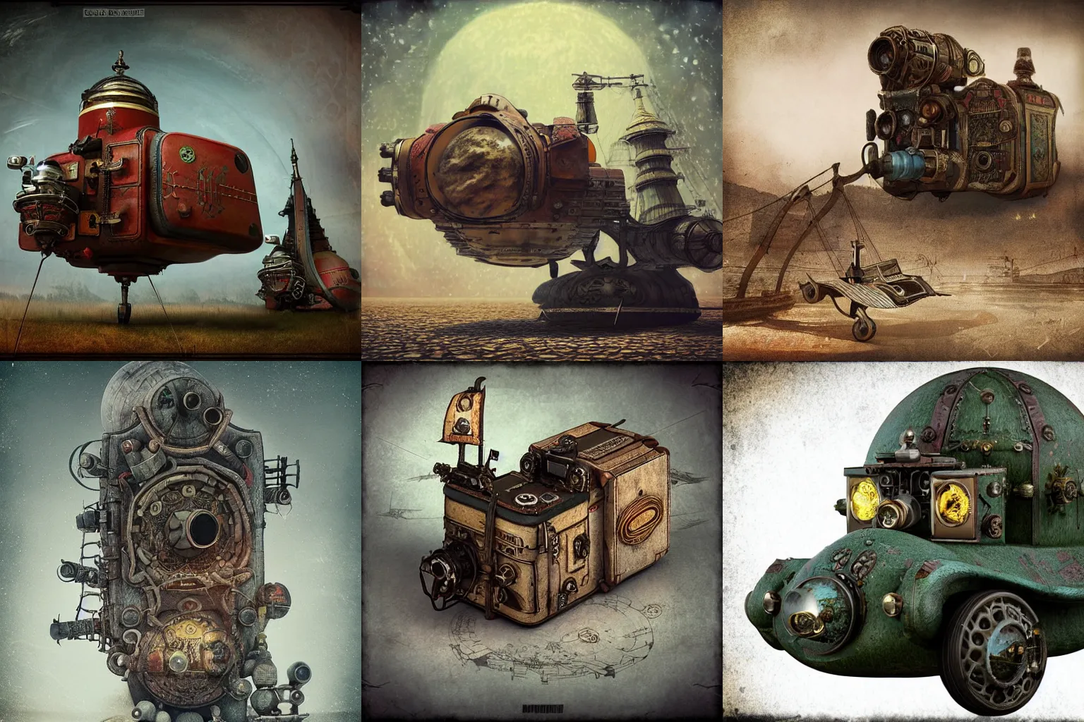 Image similar to Alexander Jansson style, great spacecraft shaped like a vintage photographic camera, Realistic, Many Details, Ultra Detailed, Octane Render