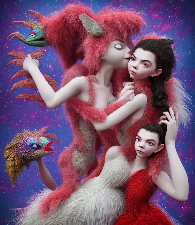 Prompt: hyper detailed 3d render like a Oil painting - kawaii portrait of hopeful lovers hugging tight or kissing pecking adorably Aurora (a beautiful girl skeksis muppet fae princess protective playful expressive acrobatic from dark crystal that looks like Anya Taylor-Joy) seen red carpet photoshoot in UVIVF posing in scaly dress to Eat of the Strangling network of yellowcake aerochrome and milky Fruit and His delicate Hands hold of gossamer polyp blossoms bring iridescent fungal flowers whose spores black the foolish stars by Jacek Yerka, Ilya Kuvshinov, Mariusz Lewandowski, Houdini algorithmic generative render, golen ratio, Abstract brush strokes, Masterpiece, Edward Hopper and James Gilleard, Zdzislaw Beksinski, Mark Ryden, Wolfgang Lettl, hints of Yayoi Kasuma and Dr. Seuss, Grant Wood, octane render, 8k