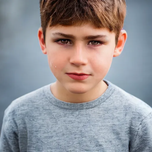 Image similar to a closeup portrait of a boy with brown hair and brown eyes. Extremely clear and high quality eyes with reflection, realistic face and details, clear lips and high quality