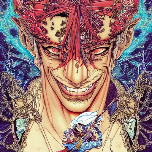 Prompt: portrait of crazy aladdin, symmetrical, by yoichi hatakenaka, masamune shirow, josan gonzales and dan mumford, ayami kojima, takato yamamoto, barclay shaw, karol bak, yukito kishiro