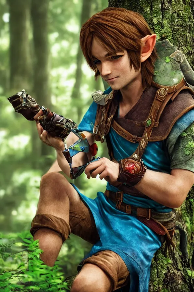 Prompt: close - up portrait of link sitting in woods of hyrule playing ocarina, ultra detailed, hdr, photorealism, cinematic scene, beautiful light