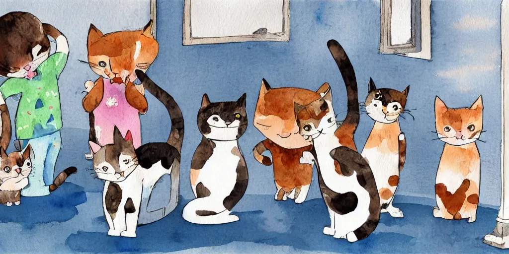 Prompt: watercolor illustration style, cute! cats! training in the fitness studio