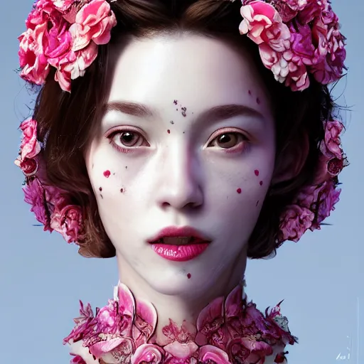 Prompt: face of absurdly beautiful, graceful, elegant, sophisticated, sensual mature gravure idol made of strawberries and white pink petals with tears, an ultrafine hyperrealistic photograph by kim jung gi, irakli nadar, intricate linework, bright colors, octopath traveler, final fantasy, unreal engine highly rendered, global illumination, radiant light, intricate environment