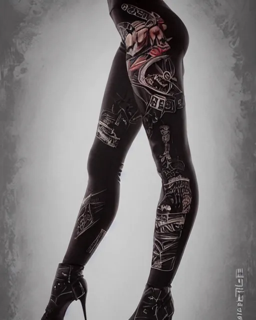 Image similar to Perfect leggings pattern imitating elfish tattooes, focus on the pants and boots with graved runes, close-up on legs, highly detailed, digital painting, artstation, concept art, smooth, sharp focus, illustration, art by Artgerm and Hajime Sorayama