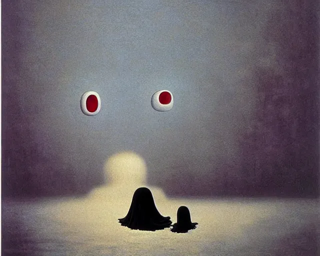 Image similar to no face from spirited away. angry art by beksinski and salvador dali. a still from spirited away by studio ghibli. surrealism, yves tanguy. beksinski art style