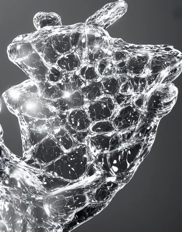 Image similar to crystal hand coming out of water 3d render, octane render, photorealistic highly detailed aesthetic