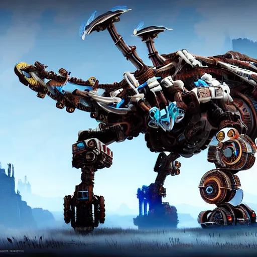 Prompt: artwork by horizon zero dawn of many machine creatures