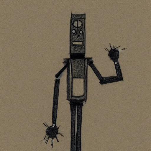 Image similar to pencil sketch of a skinny outdated awkward robot with joints that creak and a triangular head with 2 antenna