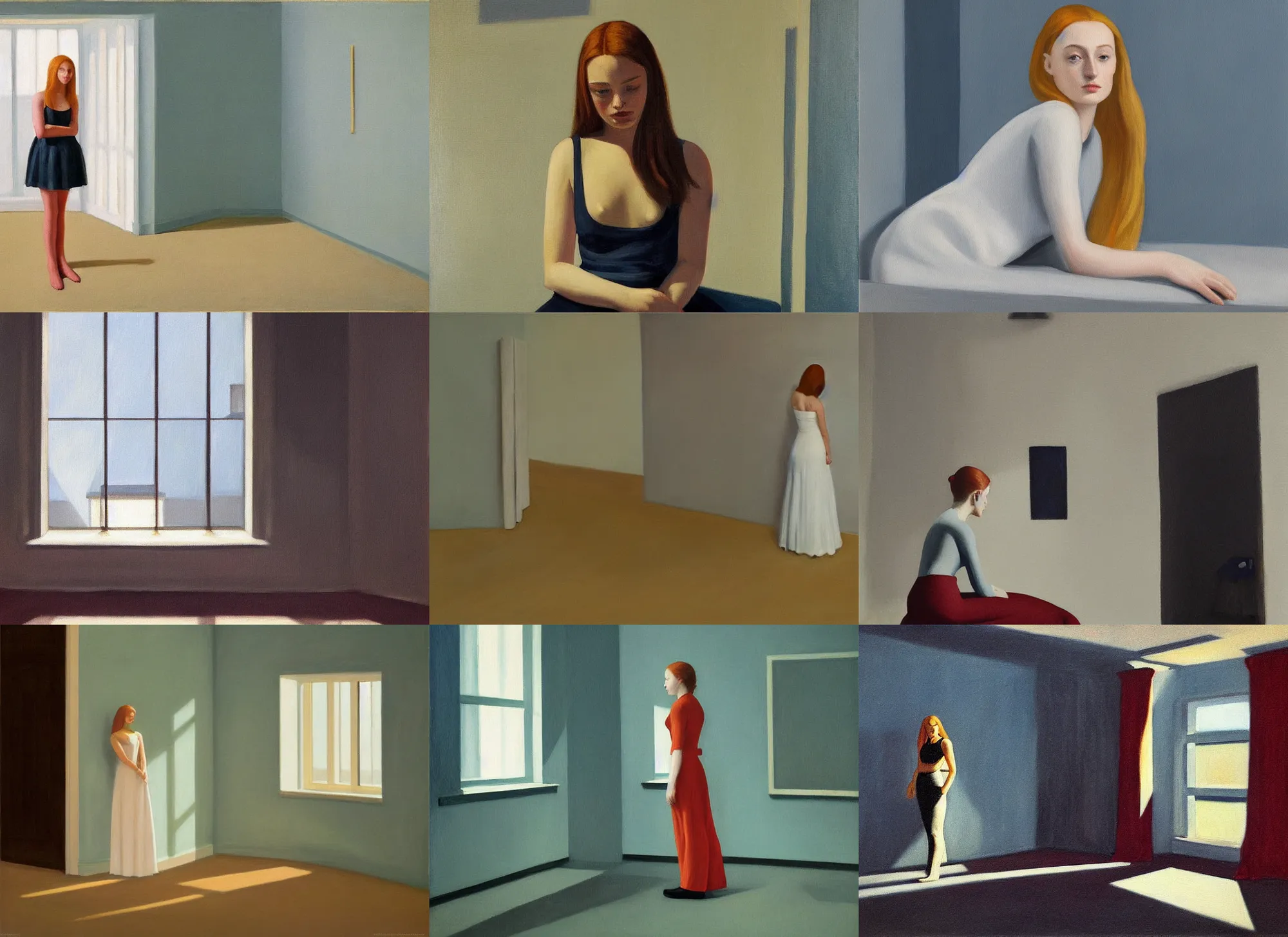 Prompt: minimalist sophie turner in empty room oil painting by edward hopper