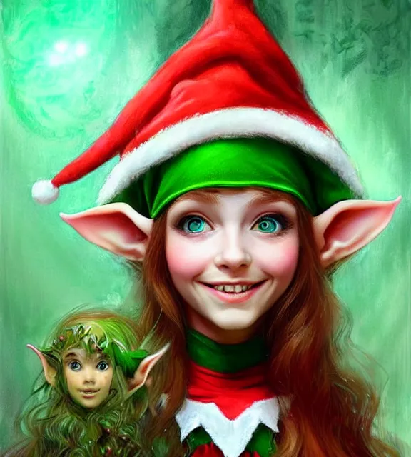 Image similar to cute elf smiling in santa's workshop, perfect face, symmetrical eyes, green clothes, auburn hair, cinematic, blush, stunning, elegant, highly detailed, psychedelic, digital painting, artstation, smooth, hard focus, illustration, art by jessica rossier and and brian froud