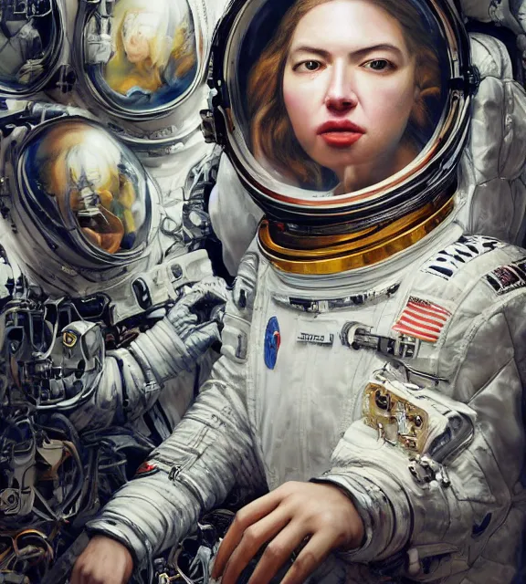 Image similar to hyperrealistic portrait of a woman monster astronaut, sofia coppola, cybernetic details, well lit, intricate abstract. gucci style, intricate artwork, high detail, figurative art, multiple exposure, poster art, 3 d, by stanley kubrick and tooth wu and wlop and beeple, realistic, hyperdetailed, 8 k resolution.