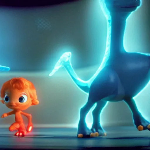 Image similar to cute smiling pixar and chibi style electric blue scaled glowing baby dinosaurs in tron movie, cinestill