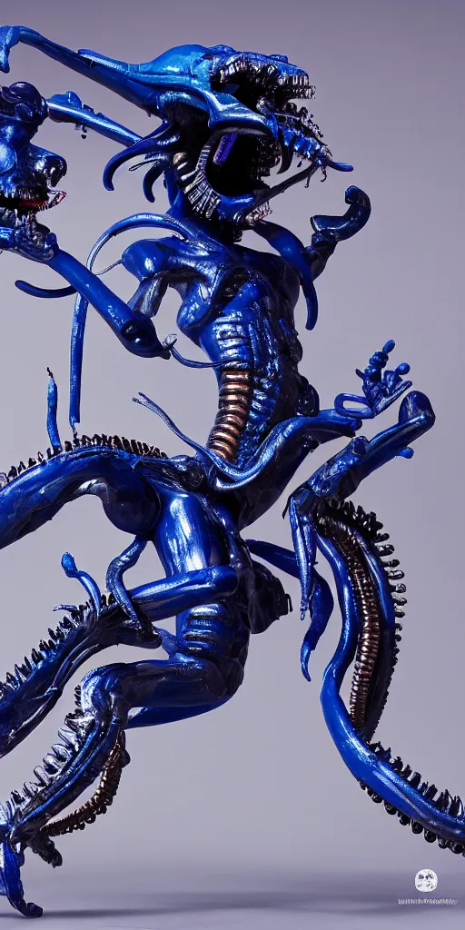Image similar to blue demon with xenomorph intricated jewelry figure plastic jumping in a runway fashion show, realistic photography paparazzi by Nick Knight