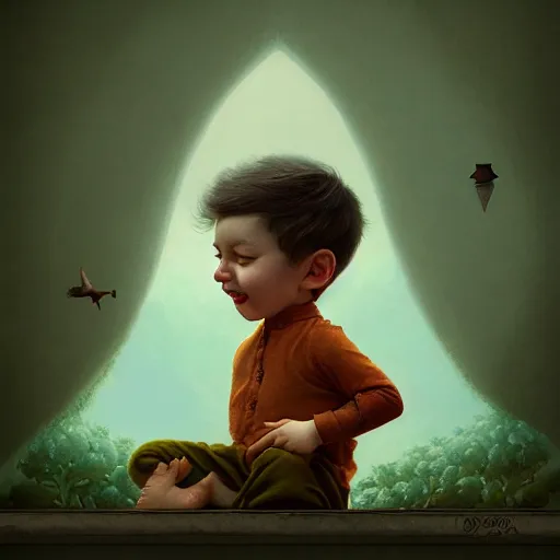 Image similar to lullaby of hope happiness of a young boy, moody : : wes anderson, roger dean, sophie anderson, esao andrews : : ornate, dynamic, particulate, intricate, elegant, highly detailed, centered, artstation, smooth, sharp focus, octane render, 3 d