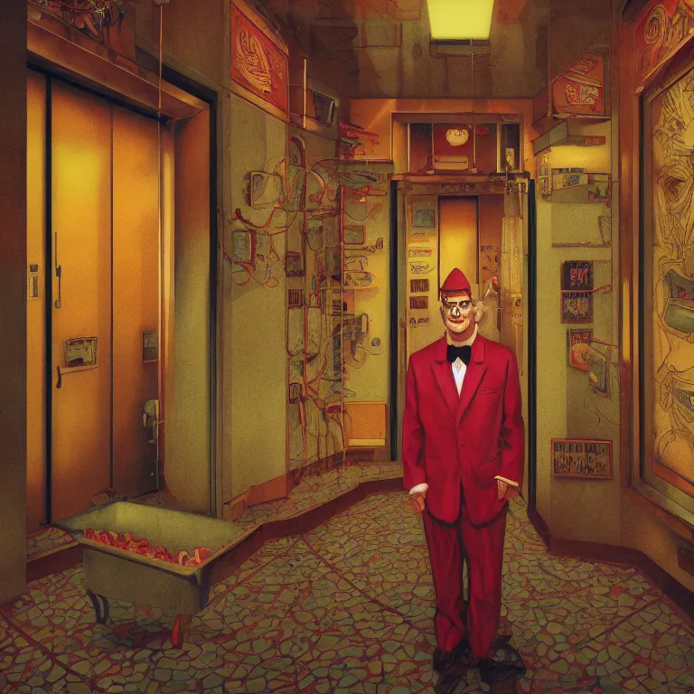 Prompt: low angle octane render portrait by wayne barlow and carlo crivelli and glenn fabry, a sinister man in a bright colorful saturated wes anderson elevator operator costume inside a dark and moody vintage elevator in a high - end exotic vintage boutique hotel, very short depth of field, bokeh