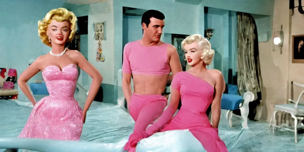 Prompt: Still of Marilyn Monroe as Barbie and Rock Hudson as Ken in the Barbie movie from 1963 set in the big house on Malibu, cinematic in technicolor