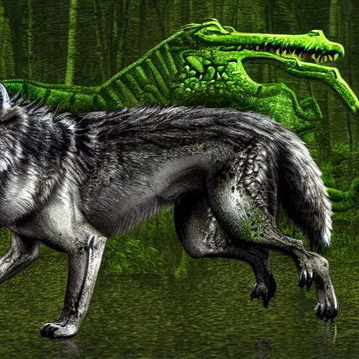 Image similar to chimera made of a wolf and a crocodile, awarded on pixiv, trending on deviantart, realistic birch wood swamp, professional photoshop utilizing real life photos