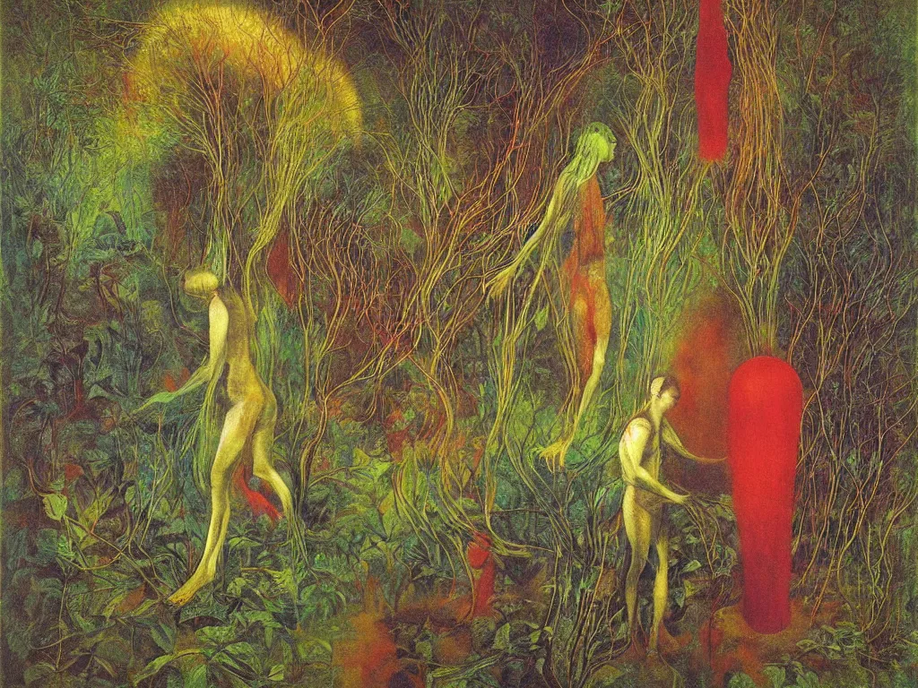 Image similar to phosphorescent long needled human in a bush. a carnivorous plant. painting by mikalojus konstantinas ciurlionis, bosch, max ernst, agnes pelton, rene magritte