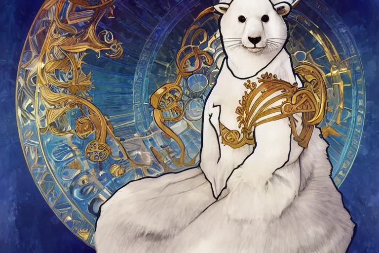 Prompt: a portrait of king baby harp seal, lord of the Arctic, portrait, gold blue silver and white colors, water color, art by artgerm and greg rutkowski and alphonse mucha and jin xiaodi and anthony devine