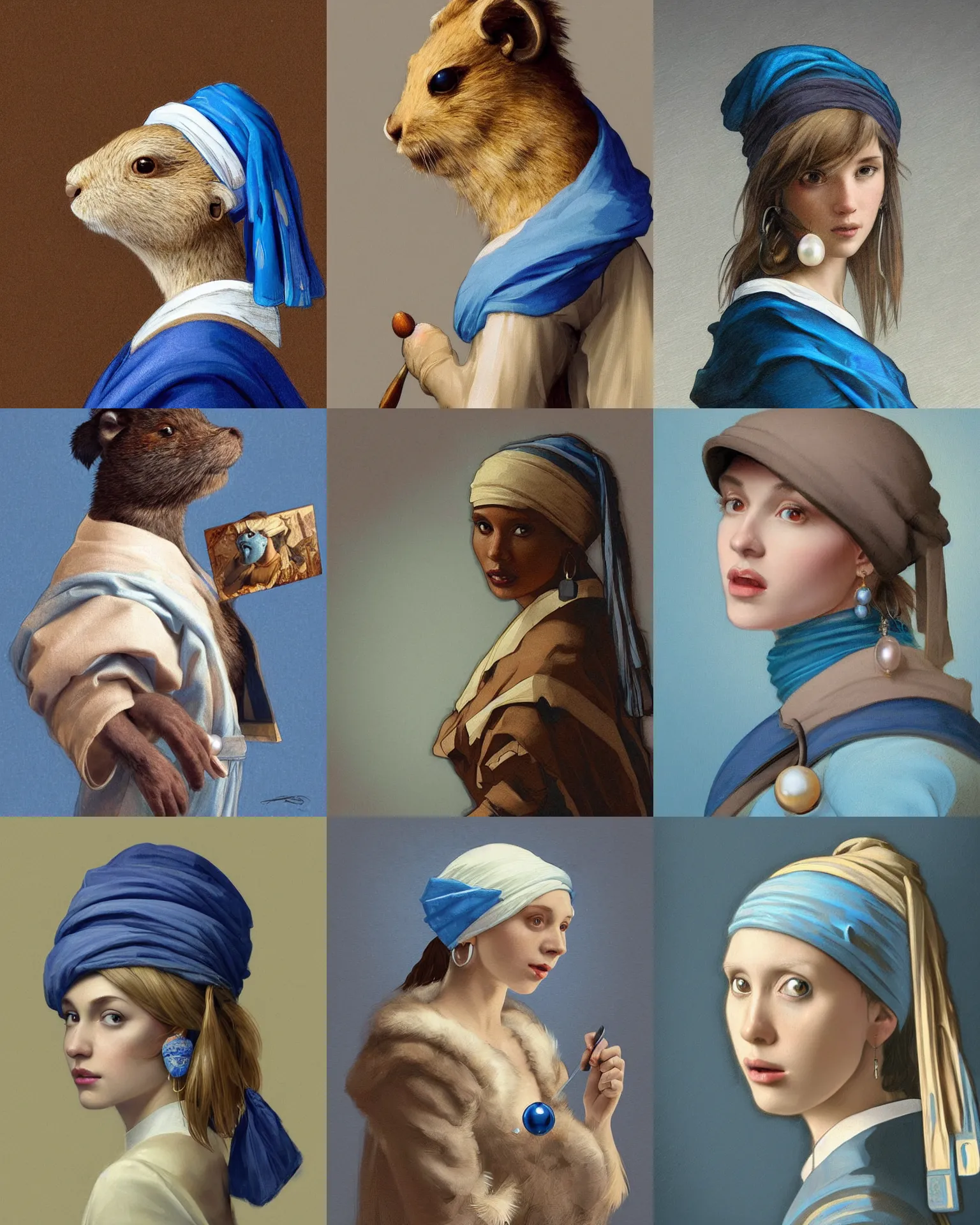 Prompt: beautiful illustration of blue anthropomorphic Gopher looking sideways with a Pearl Earring, highly detailed, digital painting, artstation, concept art, sharp focus, illustration, art by artgerm and greg rutkowski and alphonse mucha